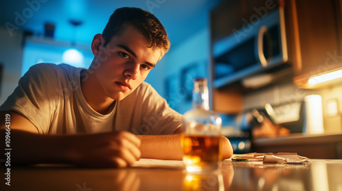 Obraz na płótnie Lost in Thought, a Young Man's Struggle With Loneliness and Addiction at a Cluttered Kitchen Table w salonie