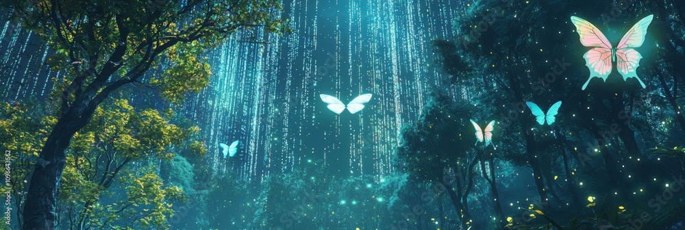 Obraz premium Crypto Digital Forest with Holographic Butterflies. Cryptocurrency Concept. Background Wall Art.