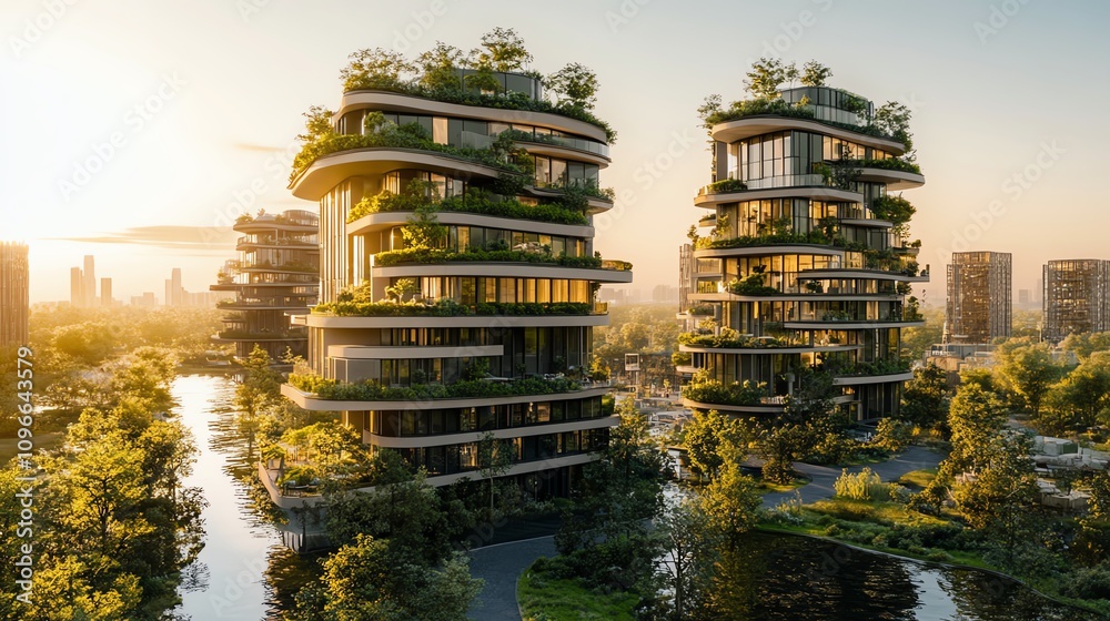 Obraz premium A photorealistic sustainable city with green buildings, innovative eco-design, and harmonious integration into the surrounding environment, showcasing modern sustainability