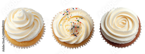 Round cupcake with white cream, top view on transparent background.