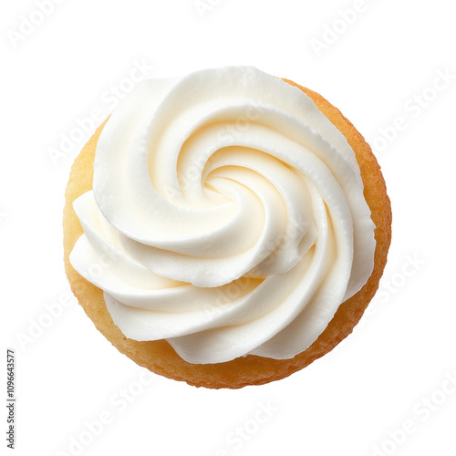Round cupcake with white cream, top view on transparent background.