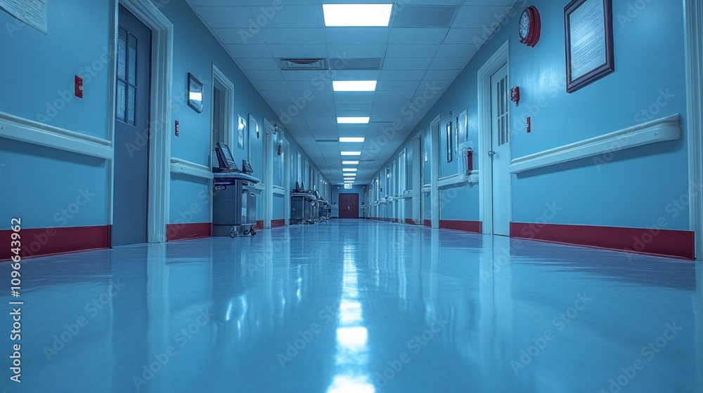 Fototapeta premium Empty Hospital Corridor: A Sterile and Silent Blue Hue