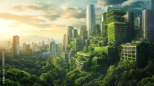 An ultra-modern cityscape with sustainable architecture, green walls, and eco-innovation, designed to integrate with the natural environment, photorealistic detail photo