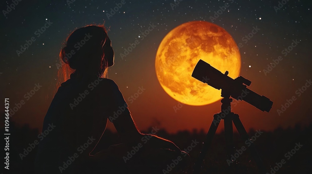Silhouette of a girl admiring a giant orange moon with a telescope at night Silhouette of a girl admiring a giant orange moon with a telescope at night