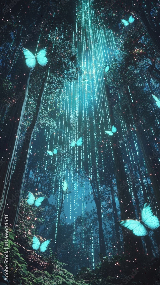 Obraz premium Crypto Digital Forest with Holographic Butterflies. Cryptocurrency Concept. Background Wall Art.