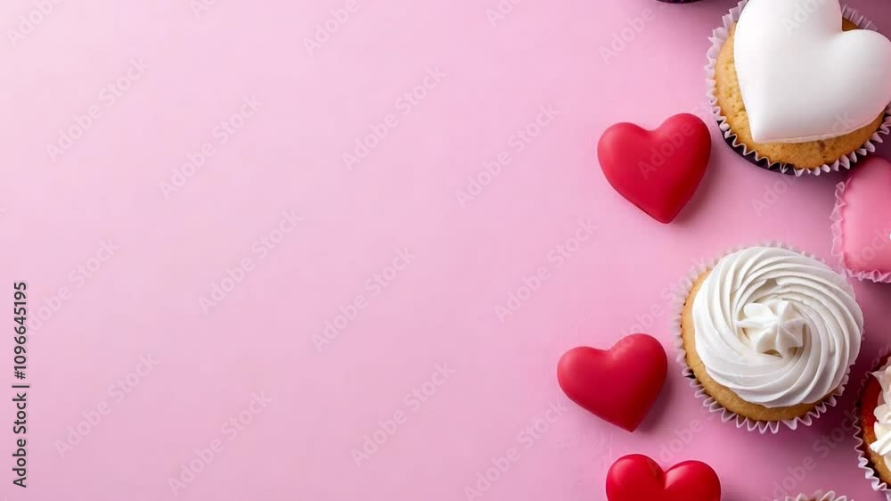 Delicious cupcakes with heart decorations sit on a soft pink surface, ideal for parties, events, or sweet treats for loved ones on Valentines day. Copy space