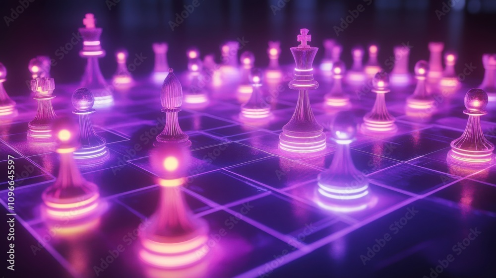 Futuristic chessboard illuminated glowing pieces Futuristic chessboard illuminated glowing pieces