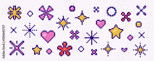 Set of pixelated design elements: stars, hearts, flowers, circles. Various shapes with raster pixelization effect. Retro shapes game design, vector 8-bit illustration.