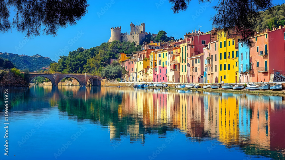 Fototapeta premium Colorful Italian Village Reflected in Calm Water, Picturesque Stone Bridge and Medieval Castle in Background