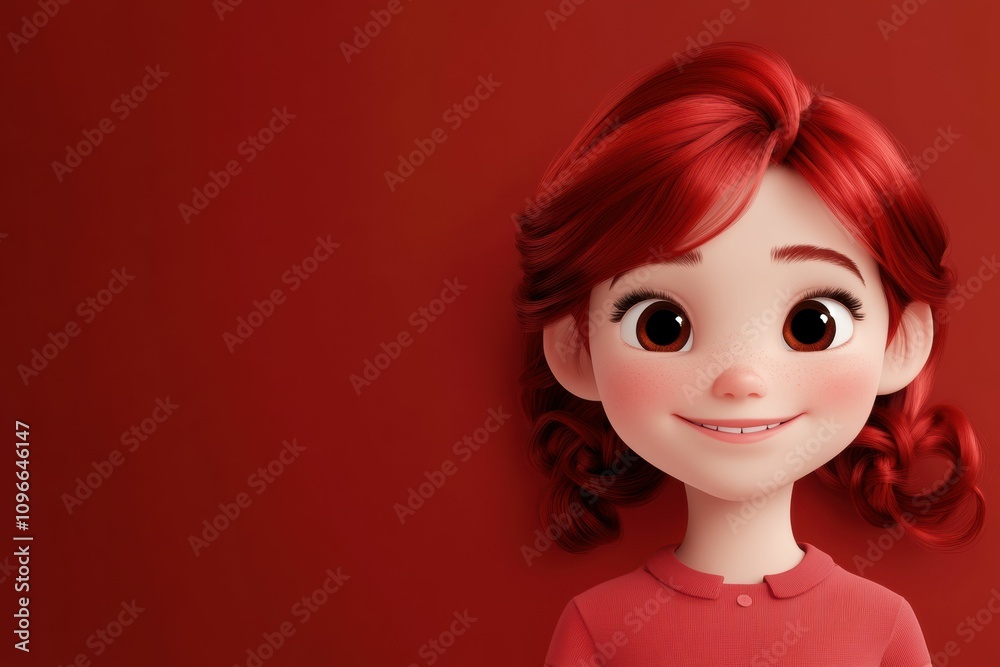 A modern 3D design featuring a smiling girl character with red concept and a monochromatic red background conveys warmth and style. A modern 3D design featuring a smiling girl character with red concept and a monochromatic red background conveys warmth and style.