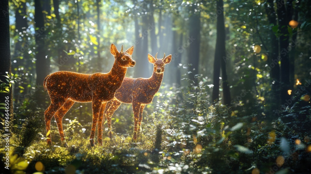 Glowing deer in forest ethereal scene Glowing deer in forest ethereal scene