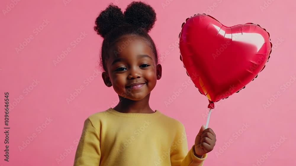 A cheerful little black girl smiles while holding a red heart shaped balloon, set against a vibrant pink backdrop during a Valentines day