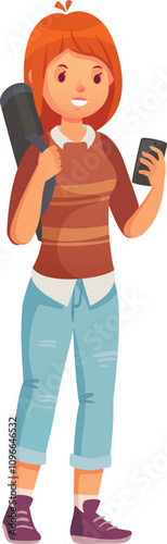 Young female architect or designer carrying a blueprint tube on her shoulder while checking her smartphone, showcasing a blend of traditional tools and modern technology in her profession