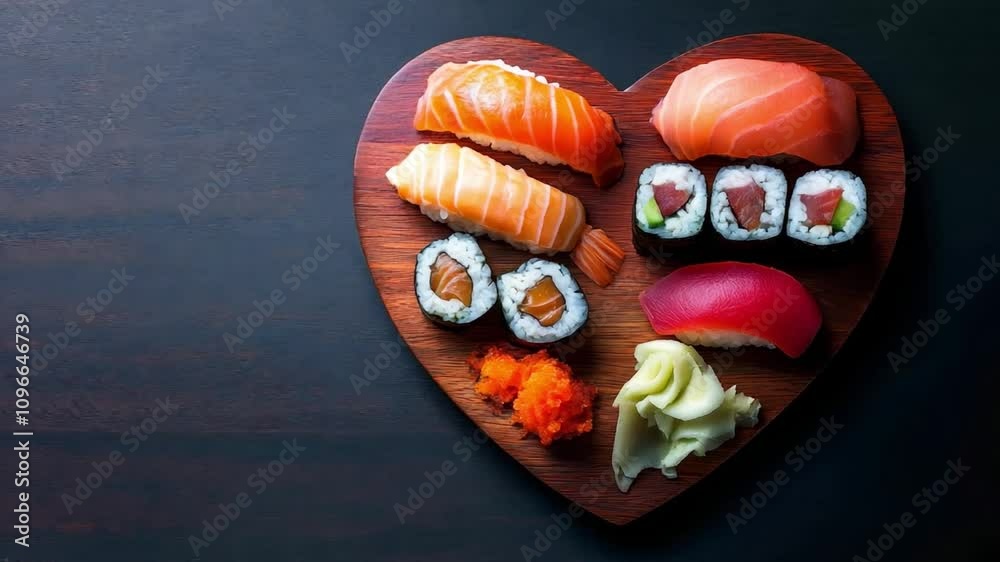 Fresh sushi is artistically arranged in a heart shape on a wooden platter, highlighting a variety of seafood and garnishes