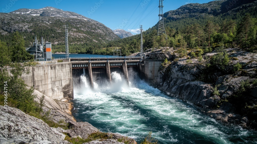 Surging water flows through turbines of a hydroelectric dam in a lush mountain environment, representing renewable energy in action.