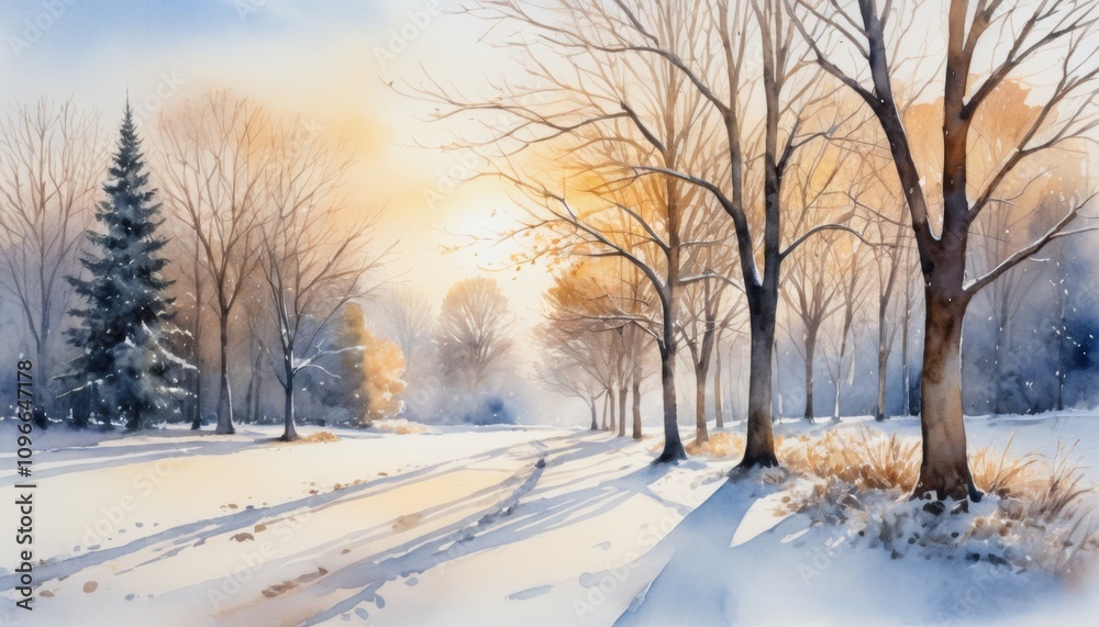 Snow-covered park with trees and soft sunlight creating a serene winter landscape at dawn Snow-covered park with trees and soft sunlight creating a serene winter landscape at dawn