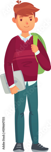 Happy student carrying a laptop and a backpack going to school, university, or college, ready for learning and studying, modern education concept