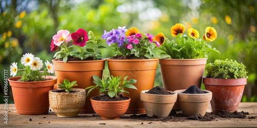 A Colorful Arrangement of Potted Plants With Flowers in Bloom, Ready for Planting in the Garden