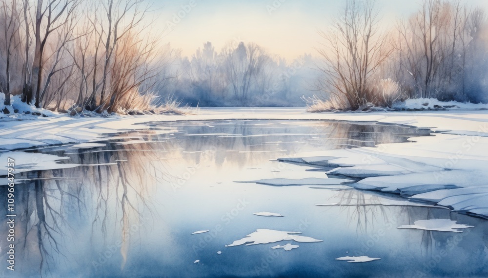 Serenity captured in a watercolor illustration of a frozen pond surrounded by soft winter light and gentle reflections