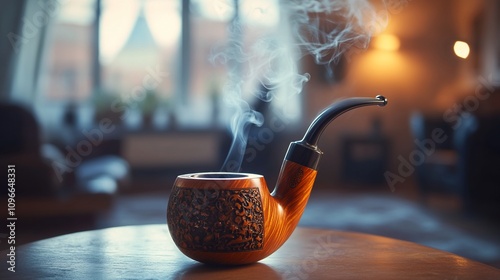 Smoking pipe with smoke on wooden table. photo