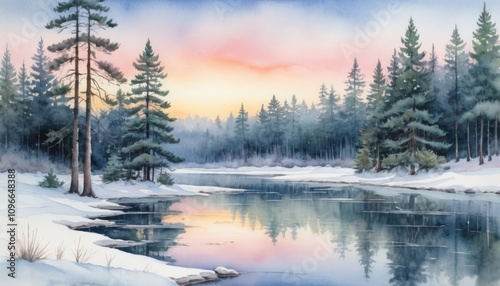 Watercolor illustration of a serene frozen pond surrounded by evergreen trees at sunset in a winter landscape