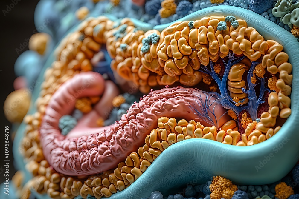 Fototapeta premium A highly detailed, colorful 3D rendering of an intestinal tract.