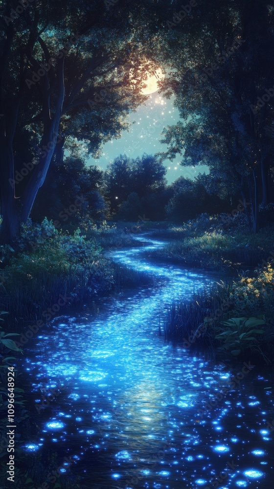 Night river scene with bioluminescence Night river scene with bioluminescence
