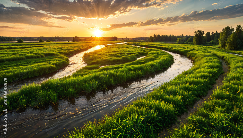 Fototapeta premium Coucher de soleil sur la rivière sinueuse