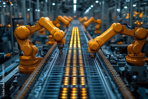 Robotic arms working on production line in modern factory