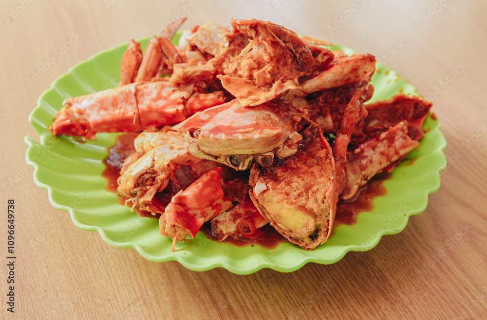 A plate of delicious crabs cooked with sweet and sour sauce in a seafood restaurant. A plate of delicious crabs cooked with sweet and sour sauce in a seafood restaurant.