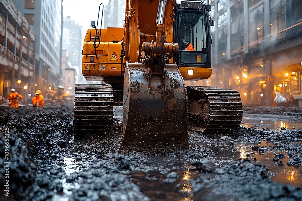 Excavator digging in a muddy construction site Excavator digging in a muddy construction site