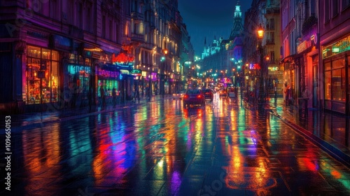 A vibrant city street at night, reflecting colorful lights on wet pavement.