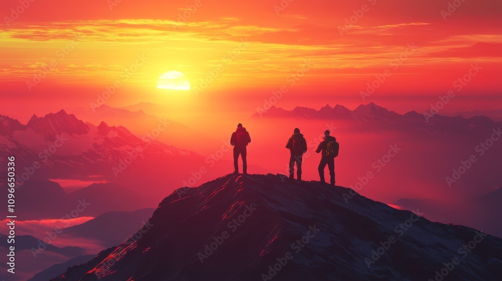 Hikers on a Mountain Peak at Sunset Hikers on a Mountain Peak at Sunset