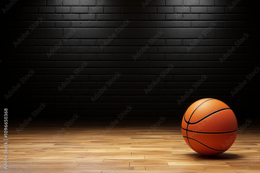 A solitary basketball rests on a polished wooden floor, illuminated by soft lighting against a dark brick wall backdrop. A solitary basketball rests on a polished wooden floor, illuminated by soft lighting against a dark brick wall backdrop.