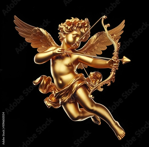 Gold metal decorative cupid isolated on black background, beautiful Baroque golden cupid with ornaments.