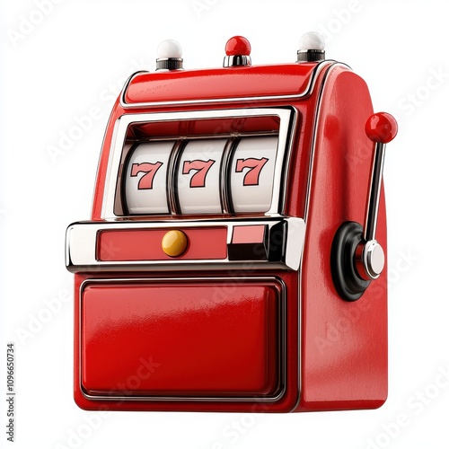 A vibrant red slot machine featuring three reels, each depicting the lucky number seven, symbolizing chance and gambling excitement.