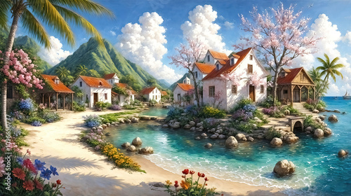 Atmospheric landscape of a small town by the caribbean sea, oil painting illustration