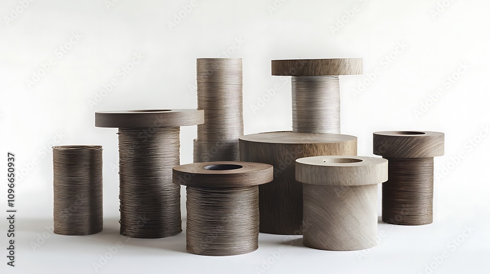 Wooden And Metal Cylindrical Sculptures Arranged Artistically Wooden And Metal Cylindrical Sculptures Arranged Artistically