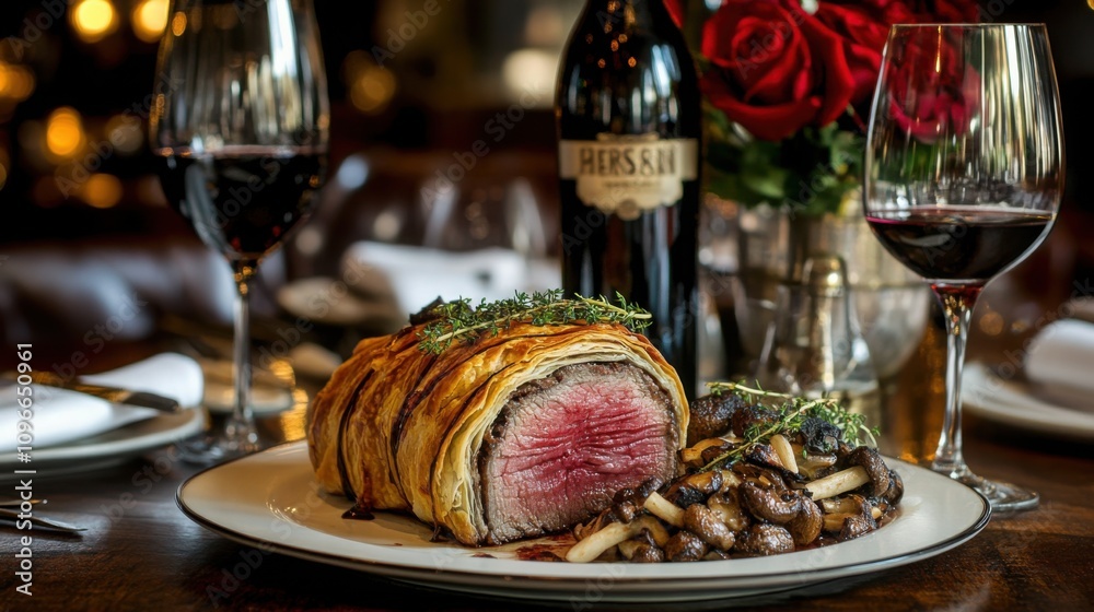 a rich beef wellington with a golden puff pastry, sliced to reveal layers of meat and mushrooms a rich beef wellington with a golden puff pastry, sliced to reveal layers of meat and mushrooms
