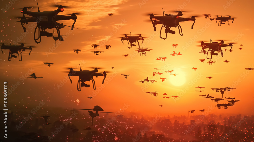 A swarm of military drones in action, future battlefield concept.