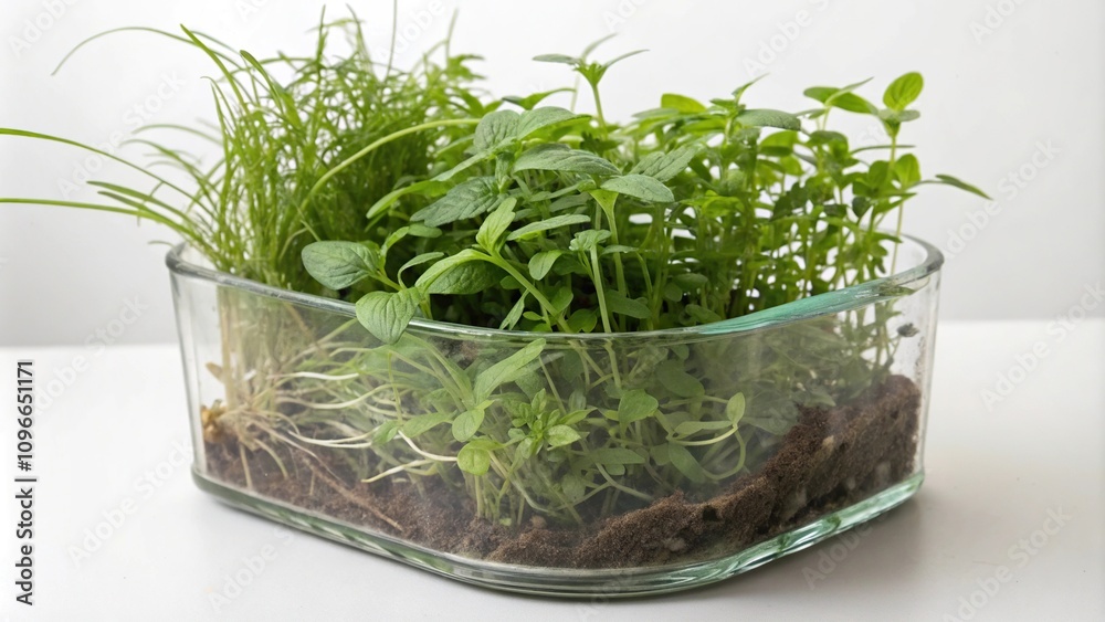 Overgrown plants in empty glass container, empty vessel, overgrowth, weed growth, neglected interior, wilted greenery Overgrown plants in empty glass container, empty vessel, overgrowth, weed growth, neglected interior, wilted greenery