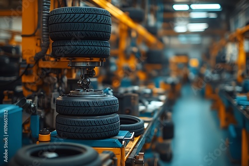 Automated tire production line in a modern factory setting, showcasing industrial efficiency and precision.