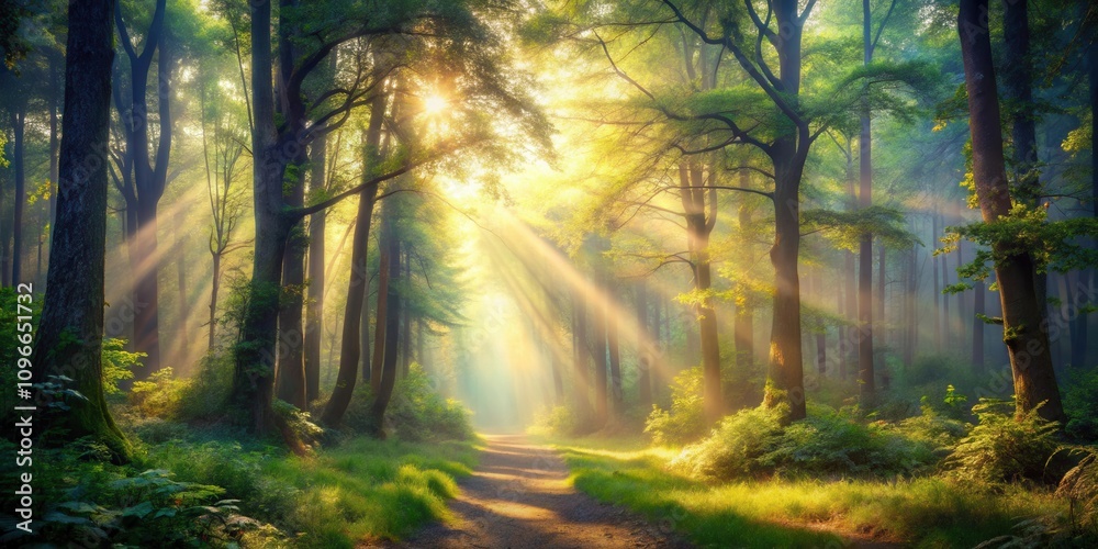 Obraz premium A Sunlit Path Through the Foggy Forest, Where Light Beams Through the Dense Canopy, Illuminating the Path Forward