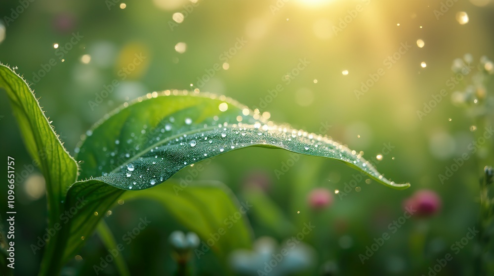 Lush Close-Up of Dew-Drenched Leaf, Sharp Veins and Texture with Serene Wildflower Bokeh Background Lush Close-Up of Dew-Drenched Leaf, Sharp Veins and Texture with Serene Wildflower Bokeh Background