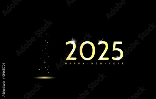 Happy 2025 new year  card with golden glitter in the circle of light  on the black background in minimalistic style.