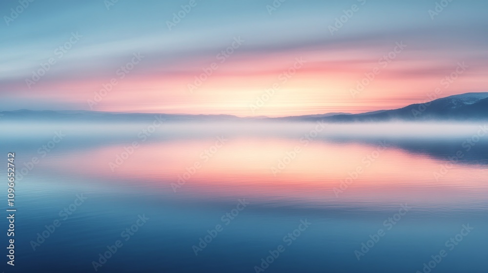Obraz premium Serene Sunset Over Misty Mountain Lake Reflection