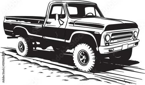 illustration an old pickup truck vector 'art black line sticker; coolorfull,standing on muddy road,isolated on a white brackgrond 