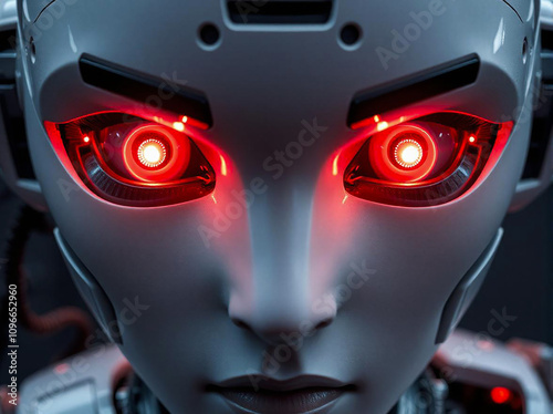 Futuristic humanoid robot with red eyeson a black background. Close-up. photo