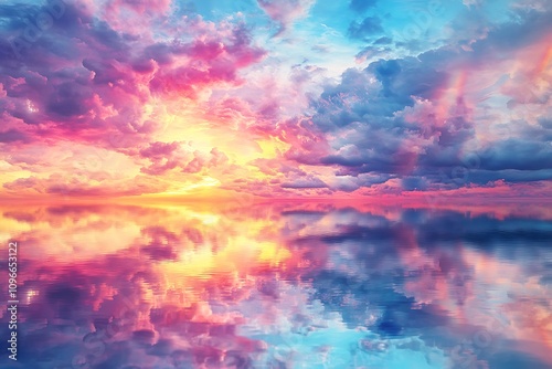 Beautiful Rainbow Over the Sea with a Reflection in the Water, Sky and Clouds, Fantasy Landscape, Beautiful Natural Background