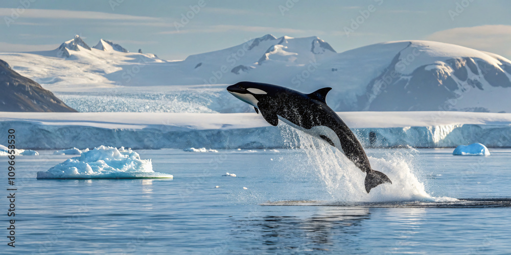 Fototapeta premium Majestic Orca jumping out of the water in arctic, created by Generative AI